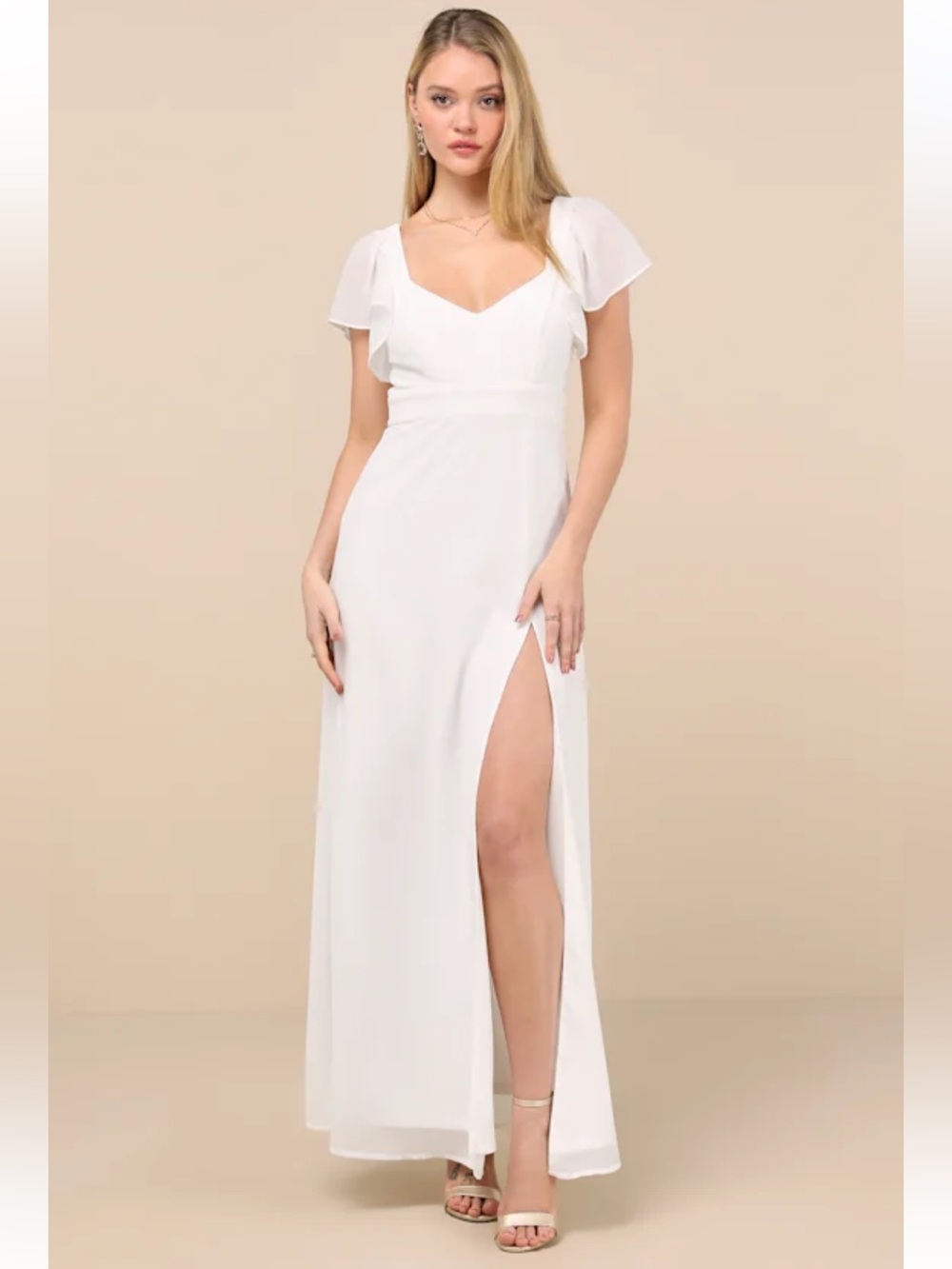 Lulu’s Simply Delightful White Tie-Back Flutter Sleeve Maxi Dress
